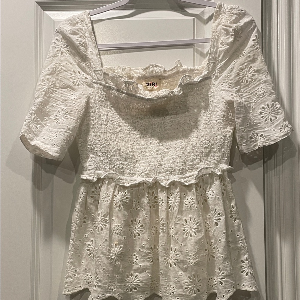 BiBi White Eyelet Smocked Peplum Blouse